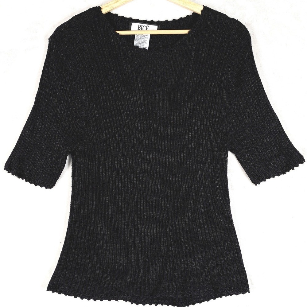 BICE‎ Womens Ribbed Knit Short Sleeve Top Sweater Black Silk Rayon Size Large